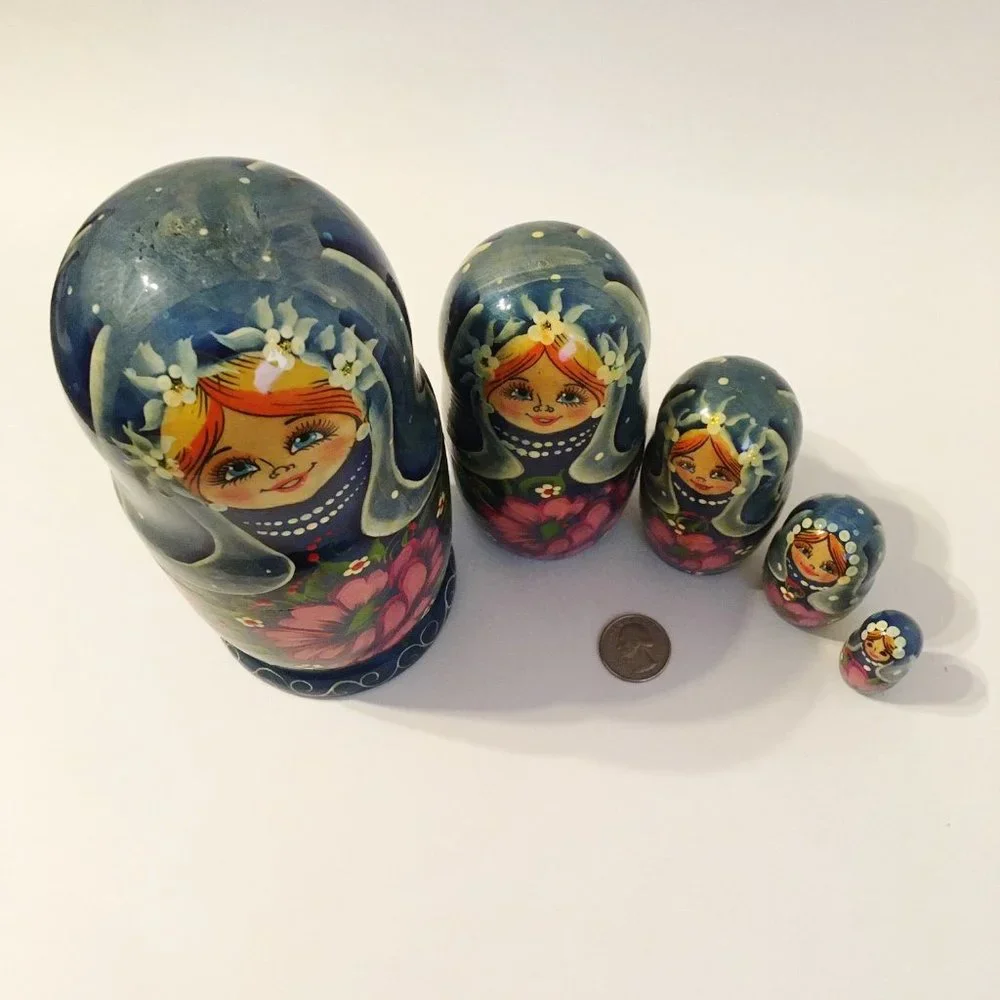 5 Piece Nesting Dolls Hand Painted Wood Flowers Vintage Collectible 7.5